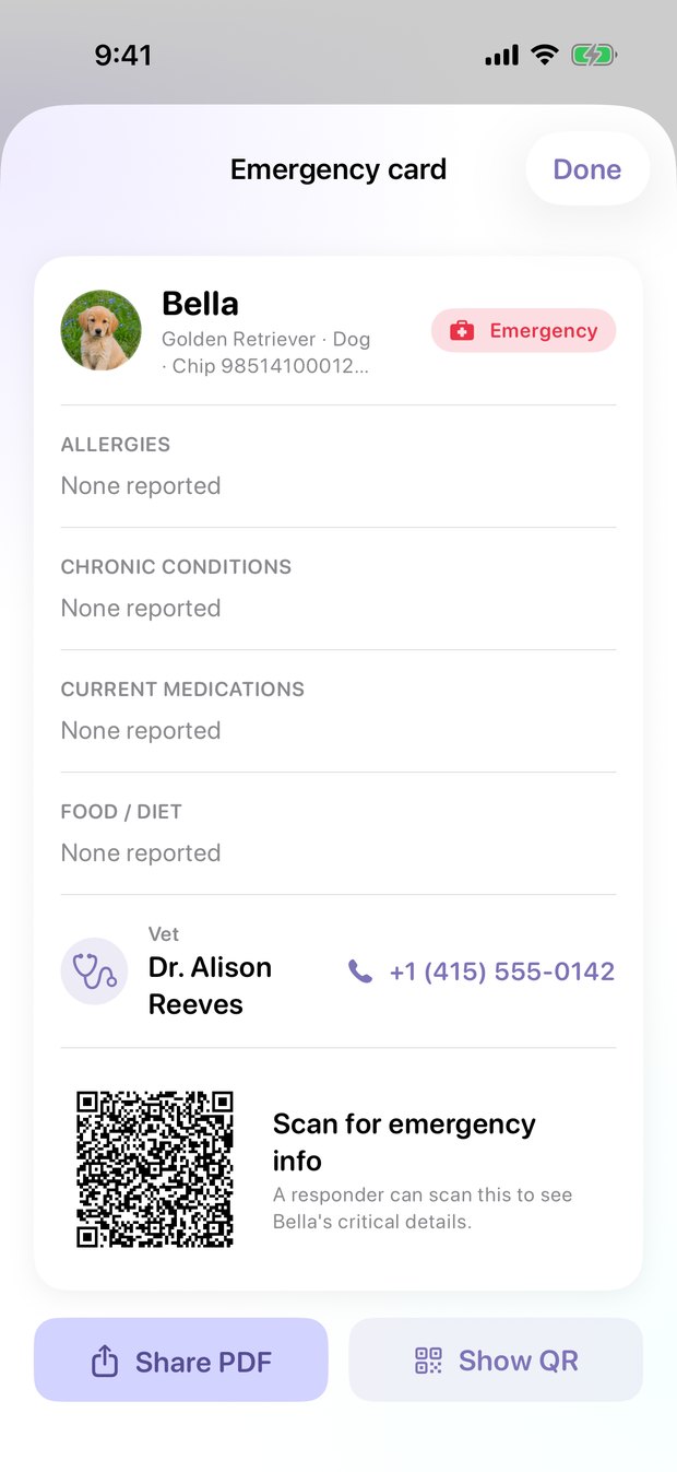 Emergency card with allergies, medications and vet contact