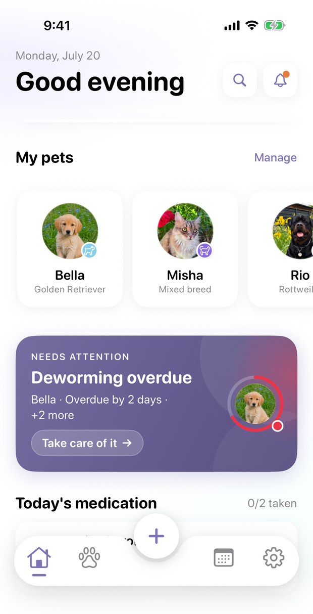Taily home screen showing three pets and today's care